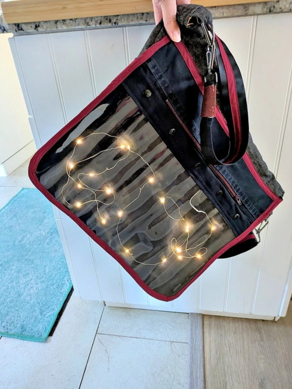 Clear Panel Fairy Lights Crossbody Bag in Dark Denim, Black & Burgundy Accents
